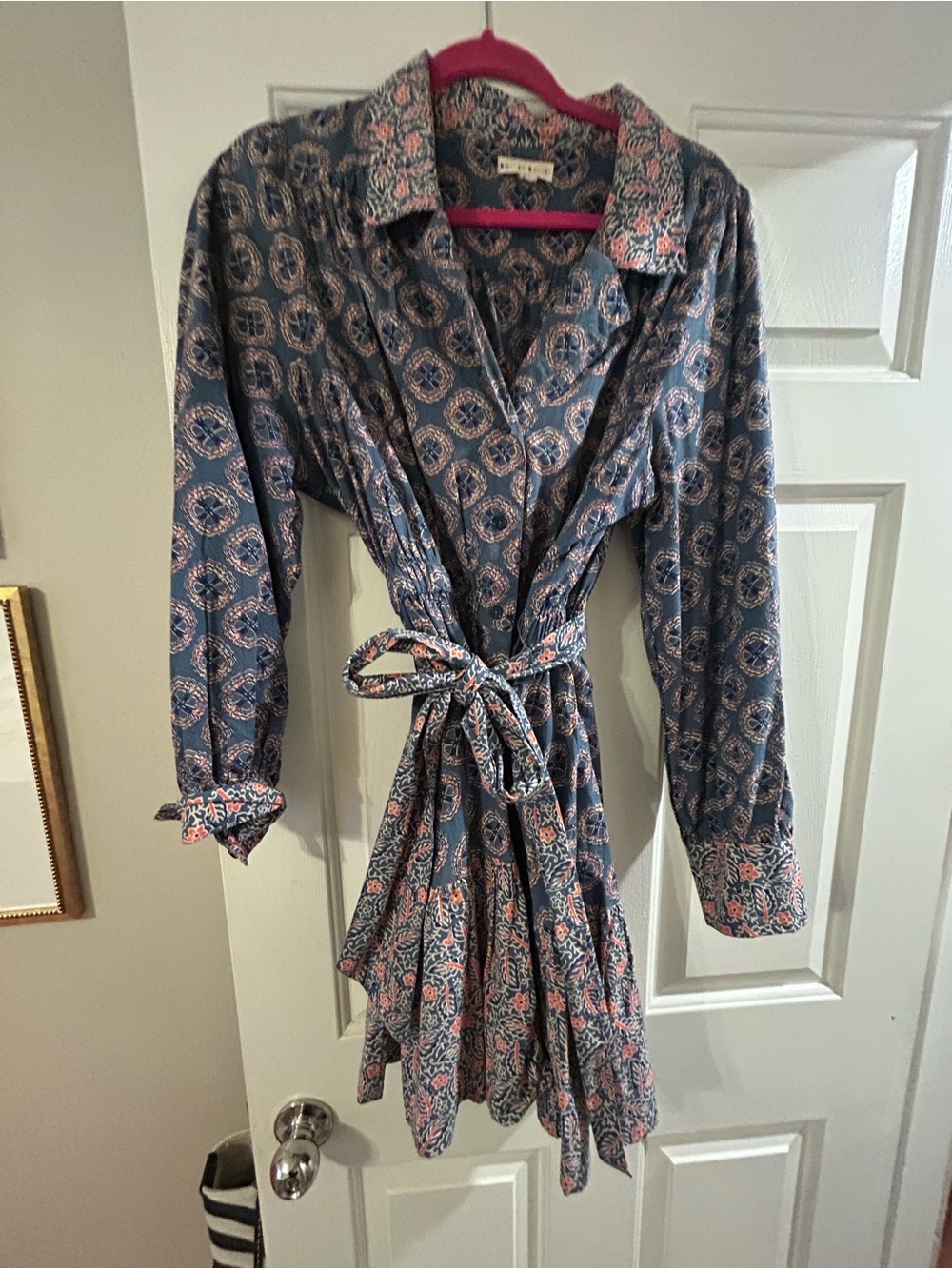 Roller Rabbit Printed Tie-Waist Shirt Dress in Navy and Coral
